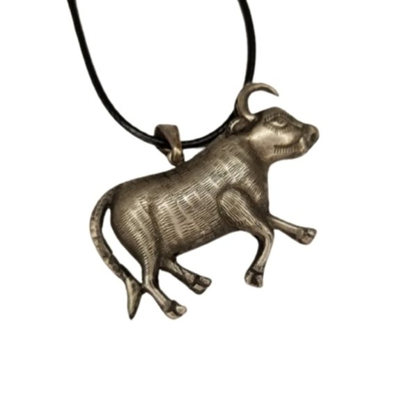 Silver Bull Pendant on Black Cord Necklace - Picture 1 of 2